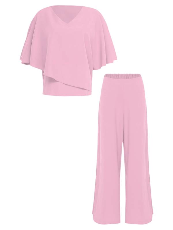 Women 2pcs Half Sleeve V-neck Tops and Pants Set for Party thumb