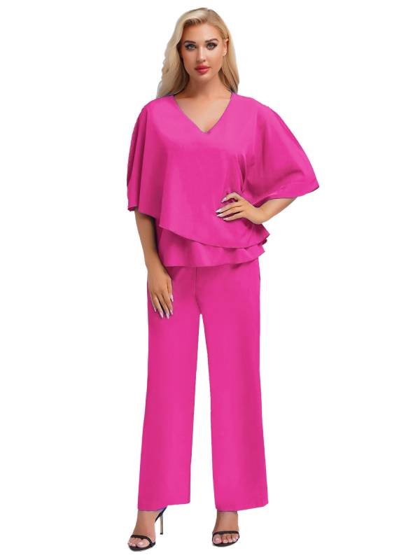 Women 2pcs Half Sleeve V-neck Tops and Pants Set for Party thumb