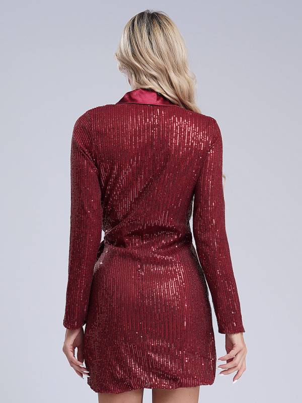 Women Long Sleeve V-neck Sequin Cocktail Dress thumb