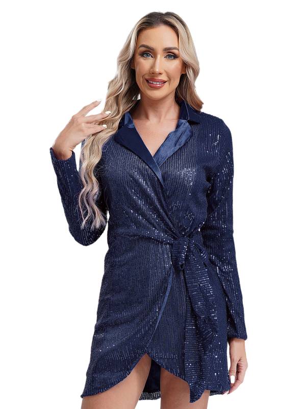 Women Long Sleeve V-neck Sequin Cocktail Dress thumb