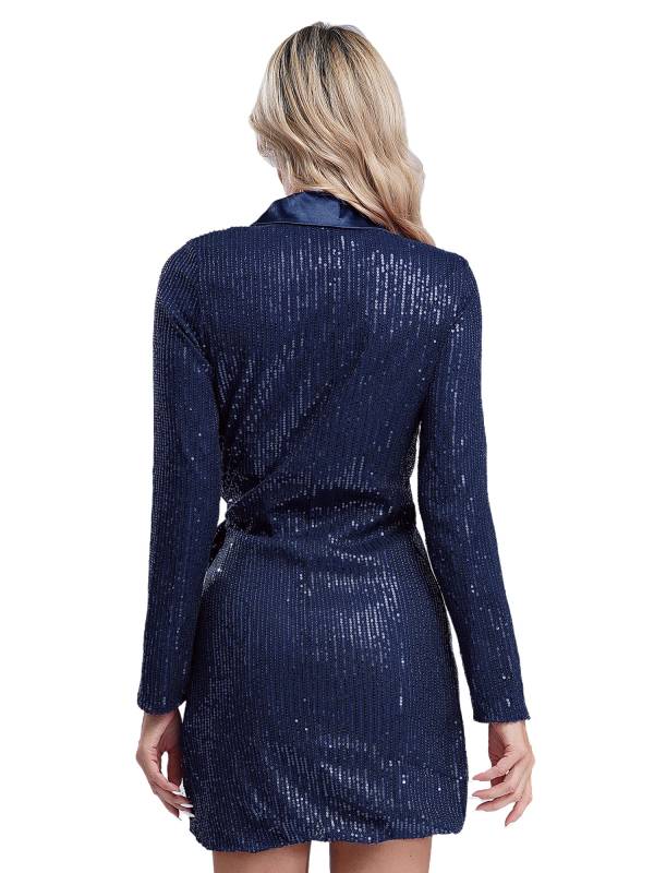 Women Long Sleeve V-neck Sequin Cocktail Dress thumb