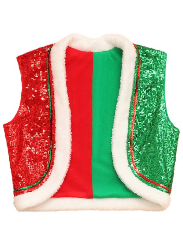 Kids Sequins Sleeveless Santa Elf Faux Fur Waistcoat thumb