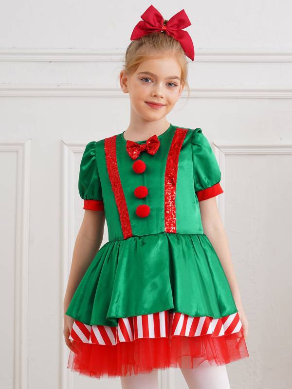 Kids Girls Christmas Short Sleeve Sequins Striped Tutu Dress Candy Cane Costume thumb