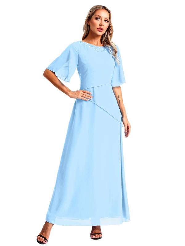 Women Short Sleeve Chiffon Beading Wedding Guest Maxi Dress thumb
