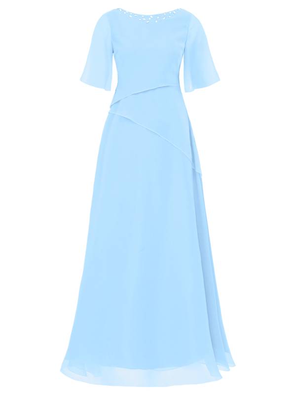Women Short Sleeve Chiffon Beading Wedding Guest Maxi Dress thumb