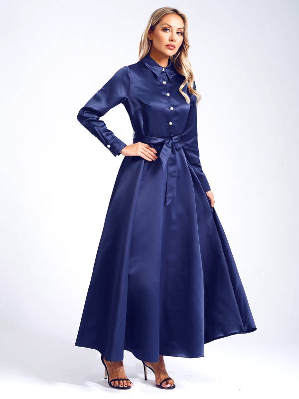 Women Long Sleeve Front Button Satin Maxi Dress with Belt for Evening Party thumb