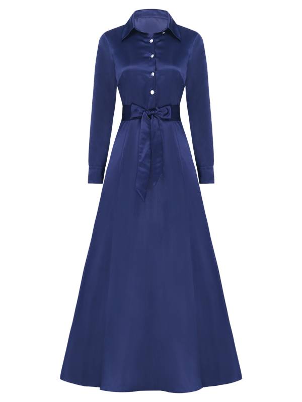 Women Long Sleeve Front Button Satin Maxi Dress with Belt for Evening Party thumb