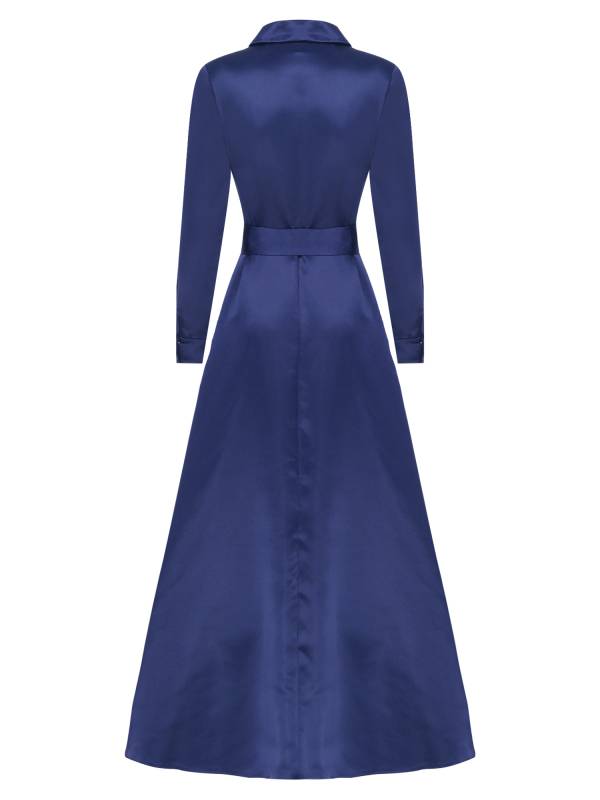 Women Long Sleeve Front Button Satin Maxi Dress with Belt for Evening Party thumb