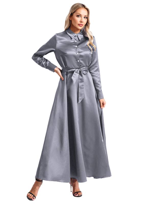 Women Long Sleeve Front Button Satin Maxi Dress with Belt for Evening Party thumb