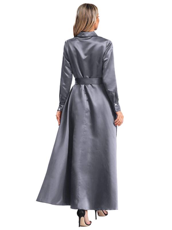Women Long Sleeve Front Button Satin Maxi Dress with Belt for Evening Party thumb