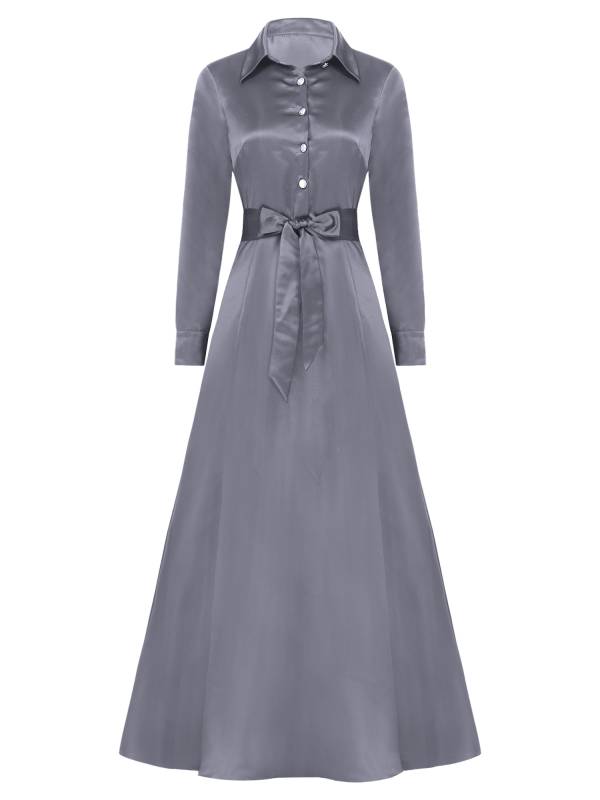 Women Long Sleeve Front Button Satin Maxi Dress with Belt for Evening Party thumb