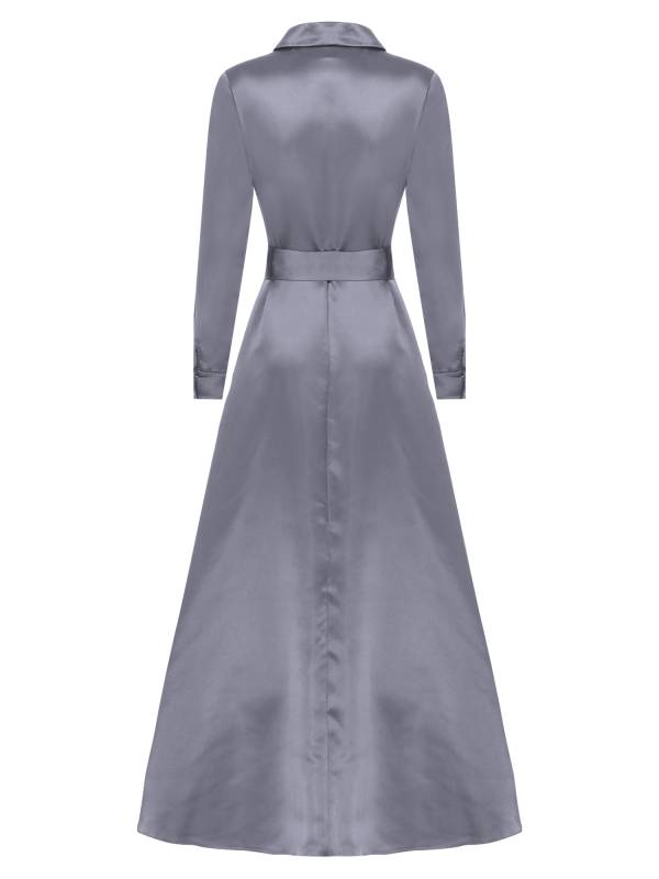 Women Long Sleeve Front Button Satin Maxi Dress with Belt for Evening Party thumb