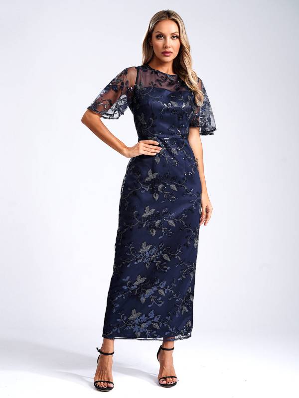 Women Short Sleeve Round Neck Sequin Slit Embroidery Mesh Mother of Bride Dress thumb