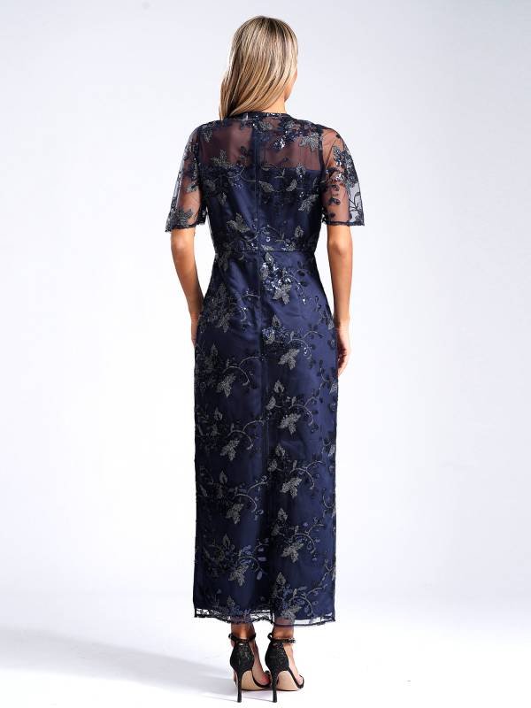 Women Short Sleeve Round Neck Sequin Slit Embroidery Mesh Mother of Bride Dress thumb