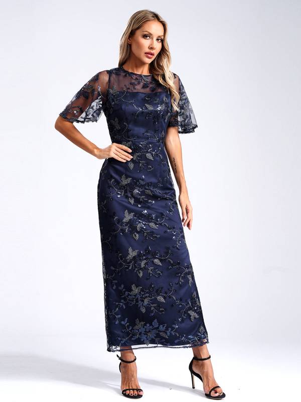 Women Short Sleeve Round Neck Sequin Slit Embroidery Mesh Mother of Bride Dress thumb