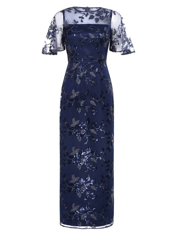 Women Short Sleeve Round Neck Sequin Slit Embroidery Mesh Mother of Bride Dress thumb