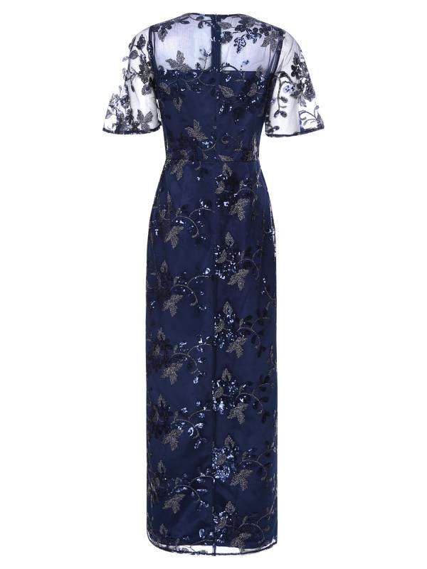 Women Short Sleeve Round Neck Sequin Slit Embroidery Mesh Mother of Bride Dress thumb