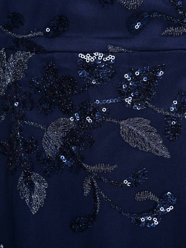 Women Short Sleeve Round Neck Sequin Slit Embroidery Mesh Mother of Bride Dress thumb