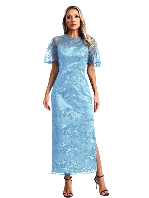 Women Short Sleeve Round Neck Sequin Slit Embroidery Mesh Mother of Bride Dress thumb