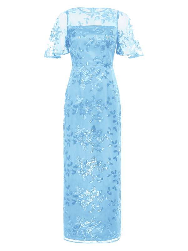 Women Short Sleeve Round Neck Sequin Slit Embroidery Mesh Mother of Bride Dress thumb