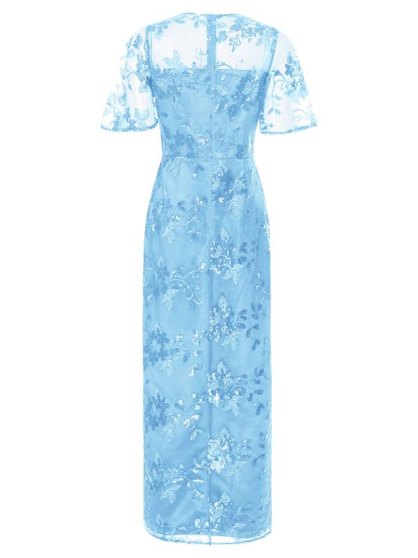 Women Short Sleeve Round Neck Sequin Slit Embroidery Mesh Mother of Bride Dress thumb