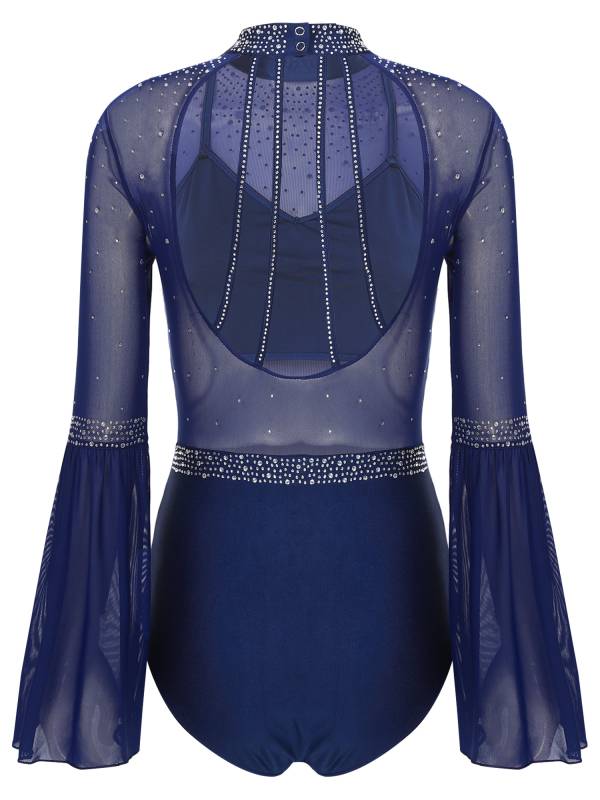Women Flare Sleeve Keyhole Back Rhinestones Mesh Figure Skating Leotard thumb