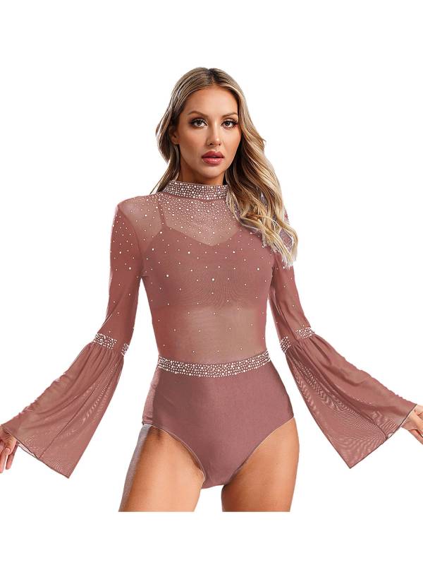 Women Flare Sleeve Keyhole Back Rhinestones Mesh Figure Skating Leotard thumb