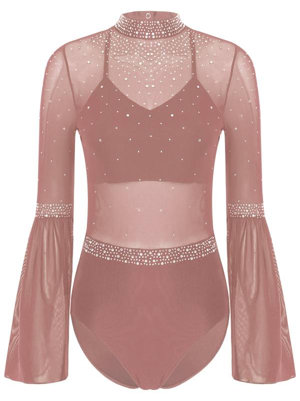Women Flare Sleeve Keyhole Back Rhinestones Mesh Figure Skating Leotard thumb