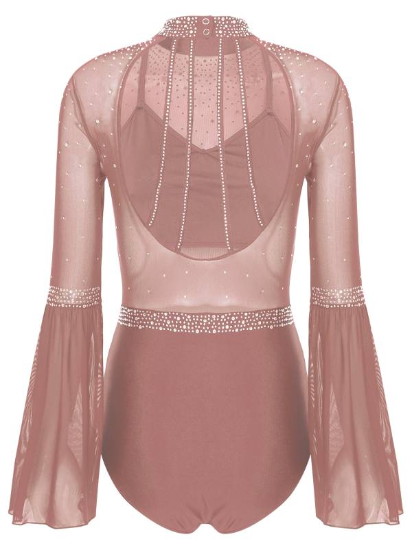 Women Flare Sleeve Keyhole Back Rhinestones Mesh Figure Skating Leotard thumb