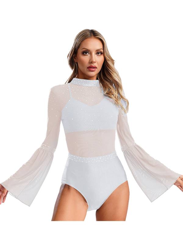 Women Flare Sleeve Keyhole Back Rhinestones Mesh Figure Skating Leotard thumb