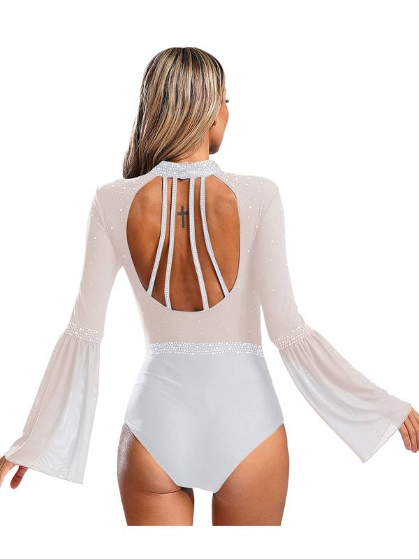 Women Flare Sleeve Keyhole Back Rhinestones Mesh Figure Skating Leotard thumb