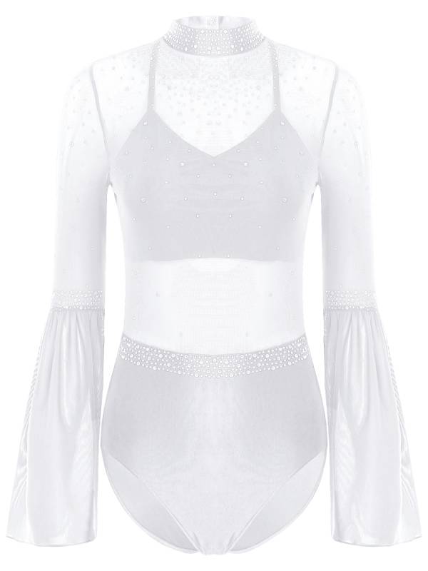 Women Flare Sleeve Keyhole Back Rhinestones Mesh Figure Skating Leotard thumb