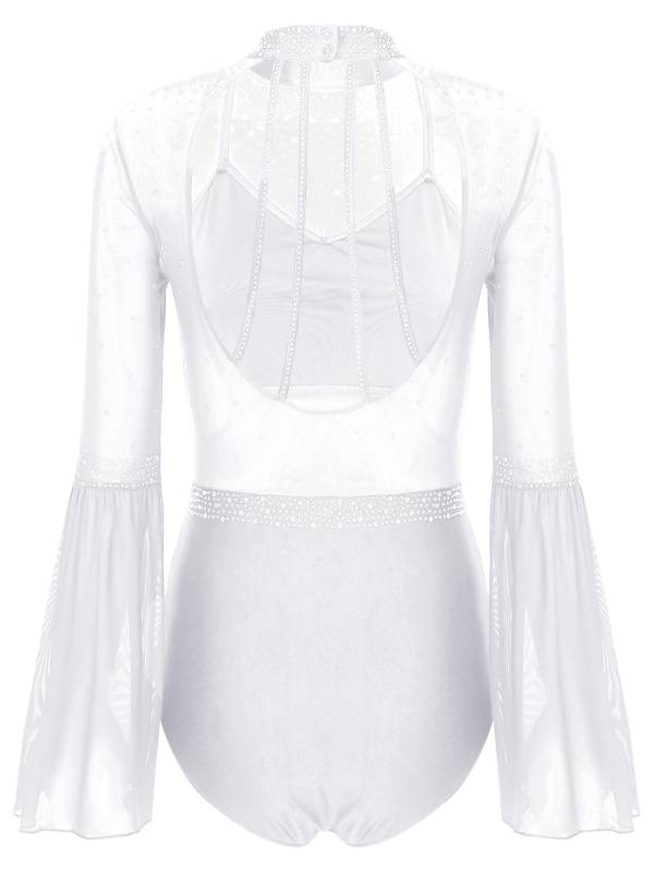 Women Flare Sleeve Keyhole Back Rhinestones Mesh Figure Skating Leotard thumb