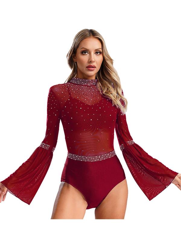 Women Flare Sleeve Keyhole Back Rhinestones Mesh Figure Skating Leotard thumb