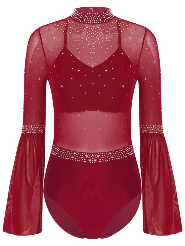 Women Flare Sleeve Keyhole Back Rhinestones Mesh Figure Skating Leotard thumb