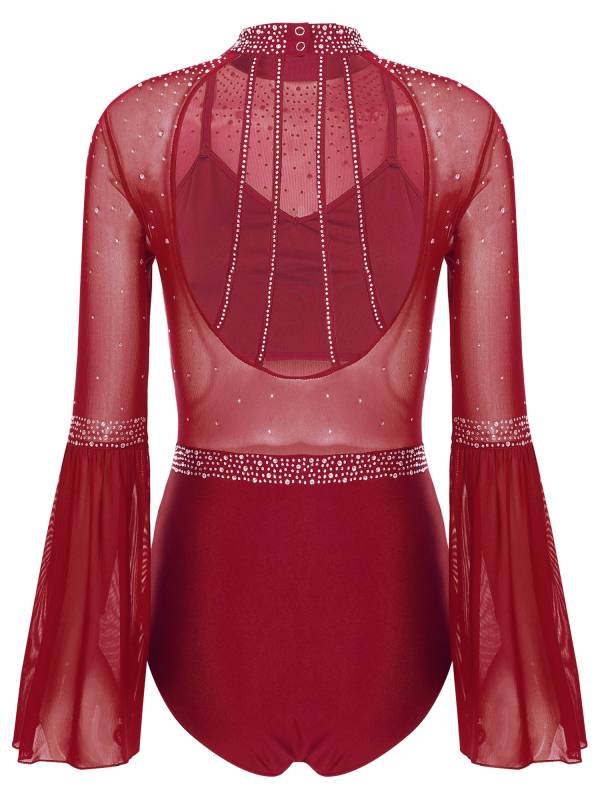 Women Flare Sleeve Keyhole Back Rhinestones Mesh Figure Skating Leotard thumb