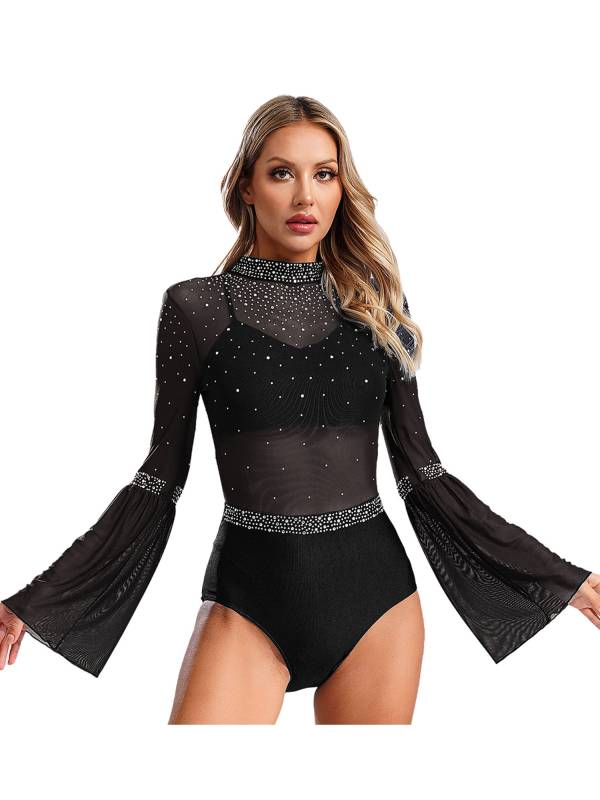 Women Flare Sleeve Keyhole Back Rhinestones Mesh Figure Skating Leotard thumb