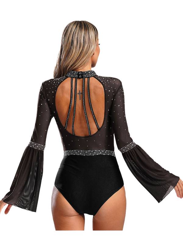 Women Flare Sleeve Keyhole Back Rhinestones Mesh Figure Skating Leotard thumb