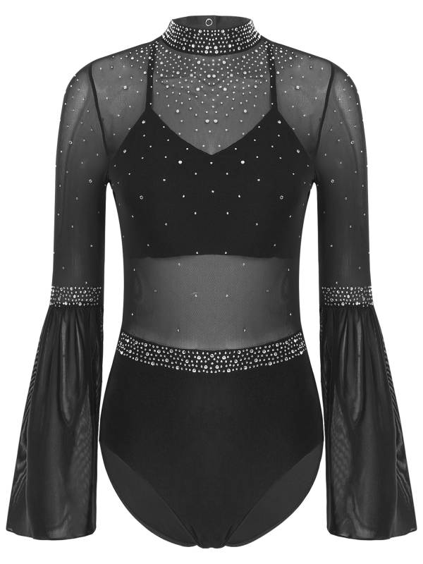 Women Flare Sleeve Keyhole Back Rhinestones Mesh Figure Skating Leotard thumb
