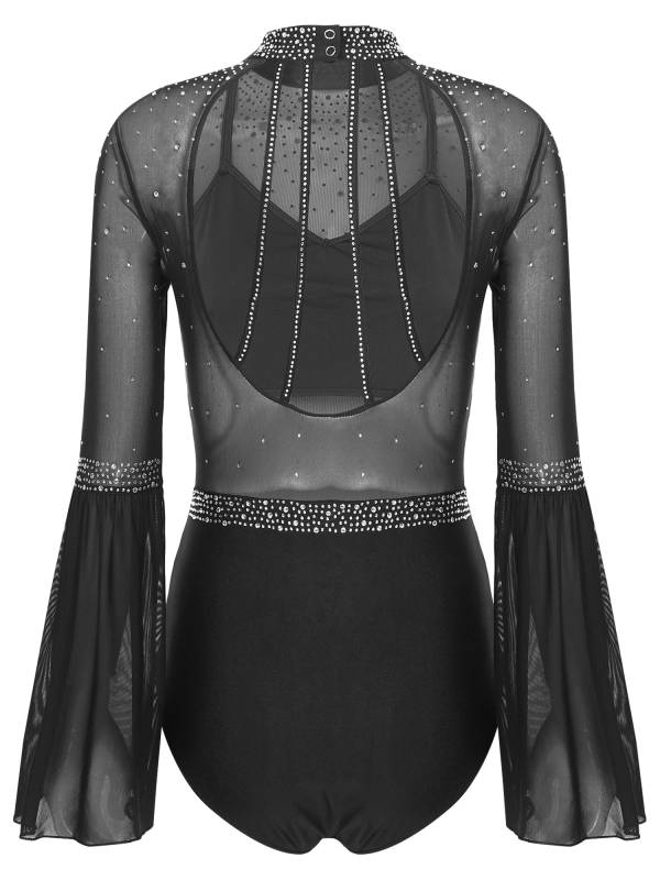 Women Flare Sleeve Keyhole Back Rhinestones Mesh Figure Skating Leotard thumb
