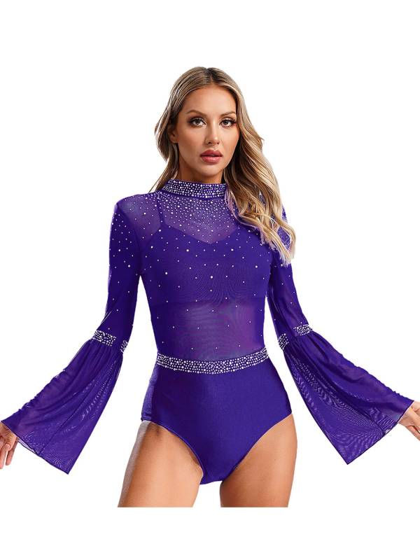 Women Flare Sleeve Keyhole Back Rhinestones Mesh Figure Skating Leotard thumb