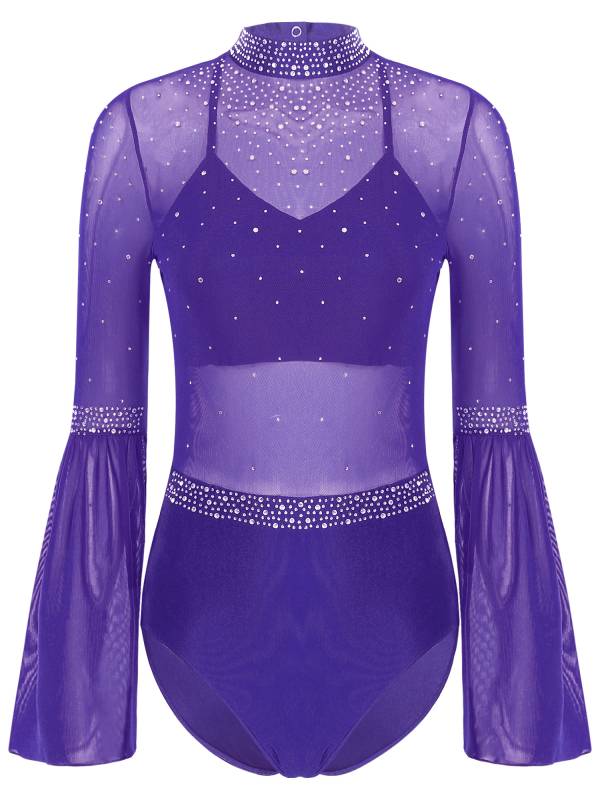 Women Flare Sleeve Keyhole Back Rhinestones Mesh Figure Skating Leotard thumb