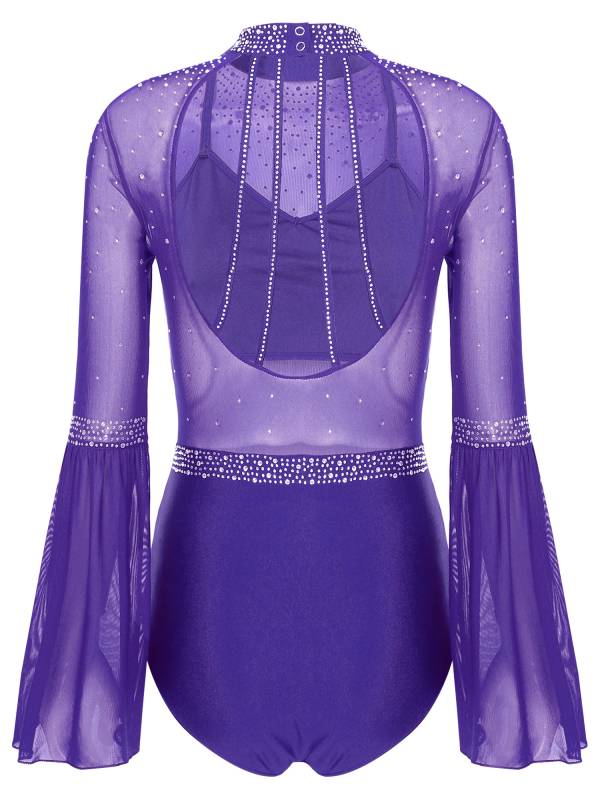 Women Flare Sleeve Keyhole Back Rhinestones Mesh Figure Skating Leotard thumb