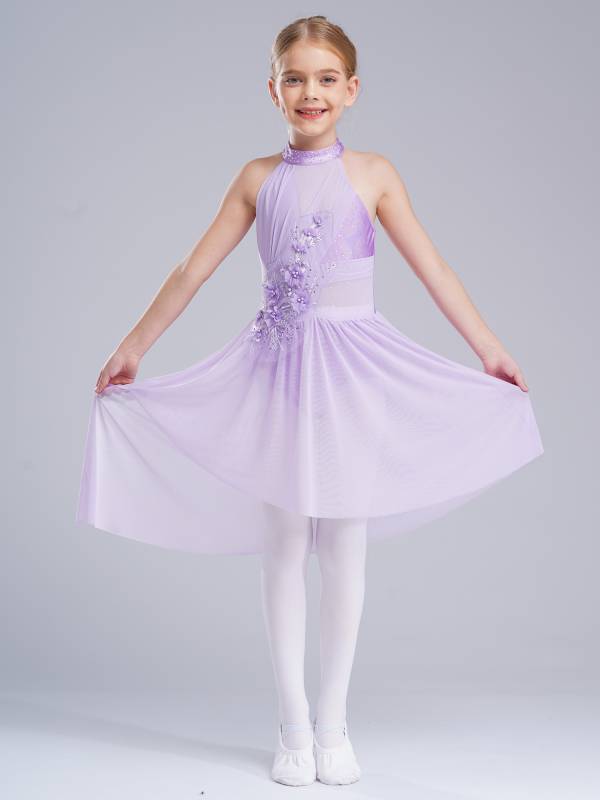 Kids Girls Sleeveless Flower Applique Asymmetrical Lyrical Dance Dress thumb