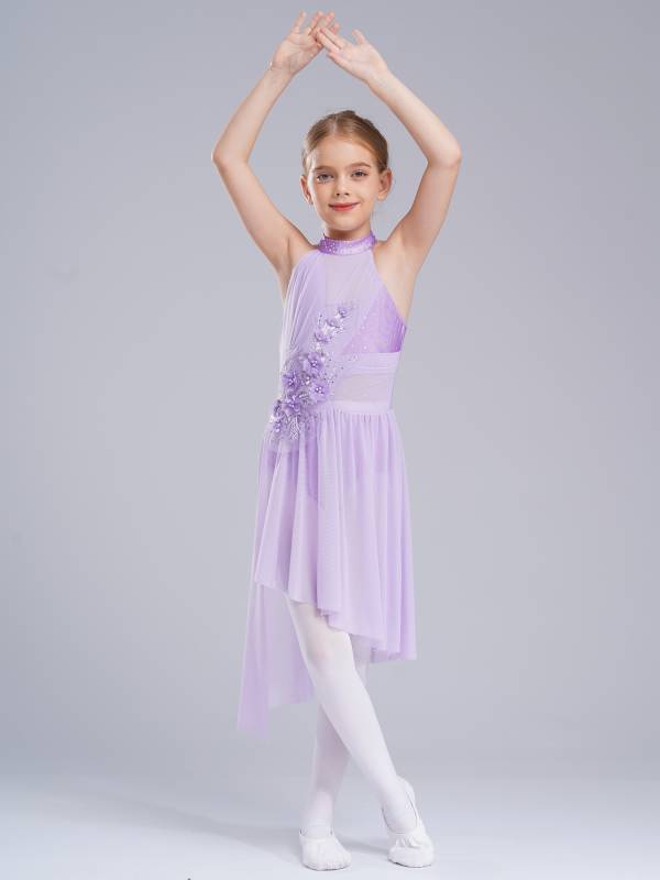 Kids Girls Sleeveless Flower Applique Asymmetrical Lyrical Dance Dress thumb