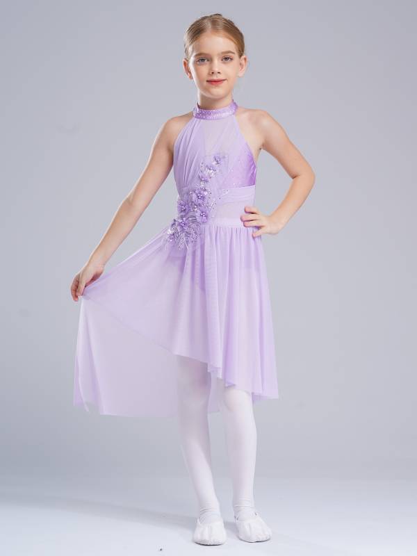 Kids Girls Sleeveless Flower Applique Asymmetrical Lyrical Dance Dress thumb