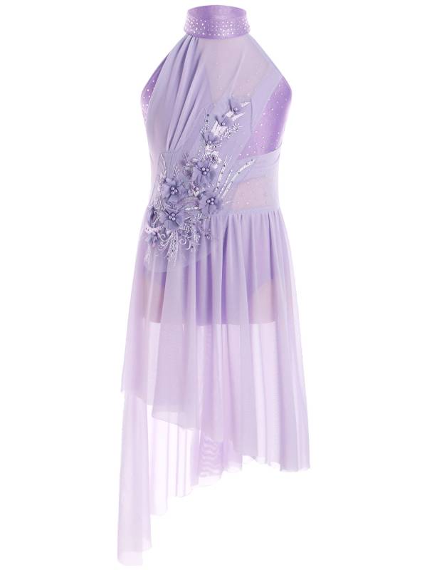 Kids Girls Sleeveless Flower Applique Asymmetrical Lyrical Dance Dress thumb