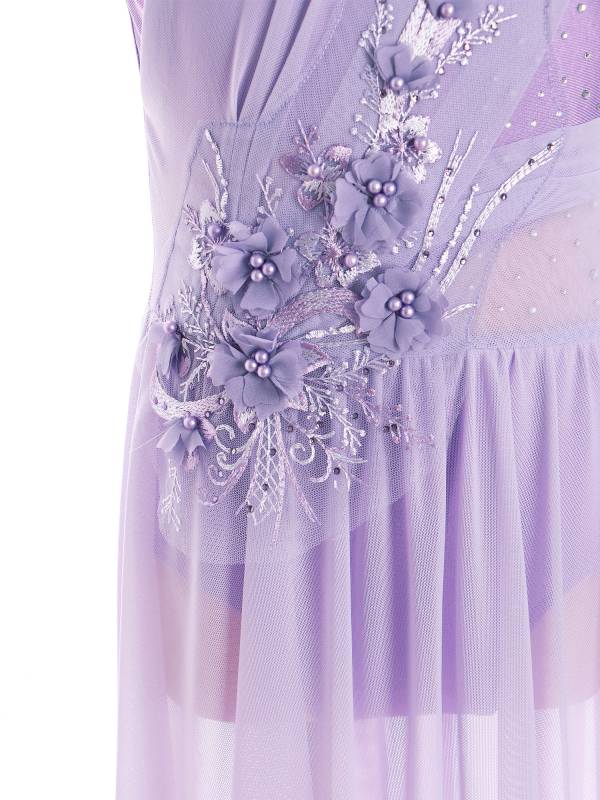 Kids Girls Sleeveless Flower Applique Asymmetrical Lyrical Dance Dress thumb