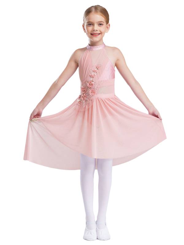 Kids Girls Sleeveless Flower Applique Asymmetrical Lyrical Dance Dress thumb
