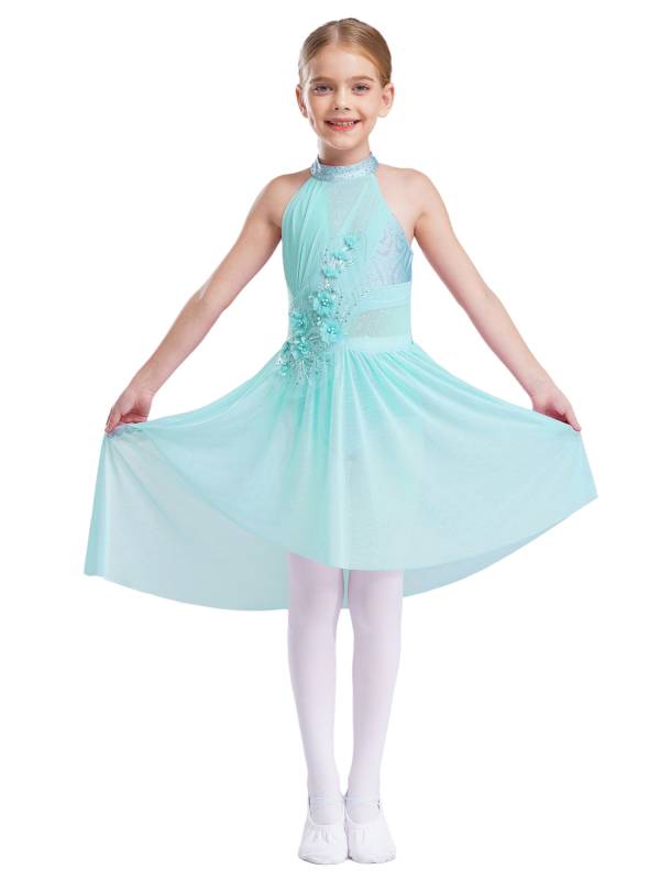 Kids Girls Sleeveless Flower Applique Asymmetrical Lyrical Dance Dress thumb